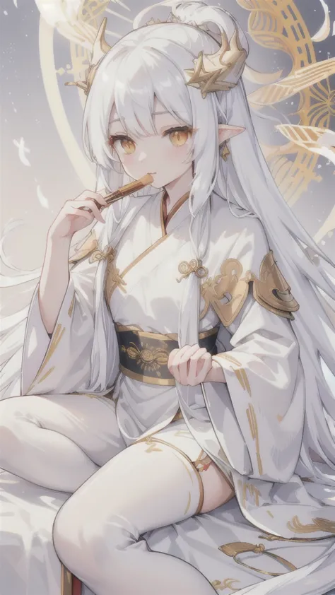 (best quality, highres, ultra-detailed:1.2), beautiful long white hair, stunning golden eyes, silver hanfu armor, intricately de...