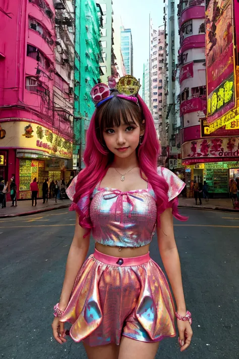 pink dinosaur, hong kong, day, (awkward,blush :1.3),alafi girls take photos in colorful clothes, y 2 k cutecore crowncore, lovel...