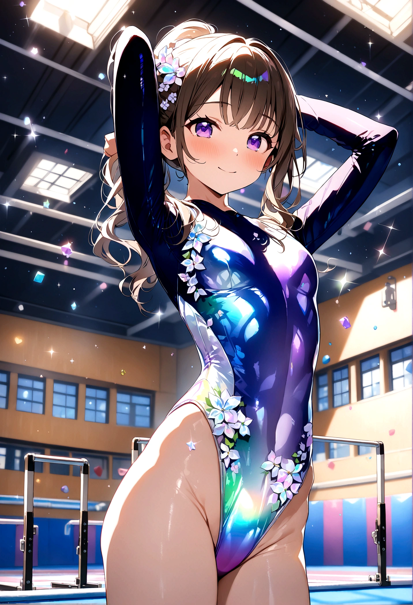 highquality illustration, masterpiece, very delicate and beautiful, attractive girl,(gymnastics leotard, Floral patterns leotard,long sleeve leotard with glittery decoration,high_leg leotard,athletic leotard,tight-fit leotard,iridescent gradient leotard),thin,slender body,slim,high school,gymnasium background,gymnastics club,gymnastics athlete,princess, beautiful eyes,light smile,(masterpiece, best quality:1.2), highres, extremely detailed CG unity 8k wallpaper, perfect lighting, Colourful, ultra-high res,4K,ultra-detailed, photography, 8K, HDR, 17 ages, 