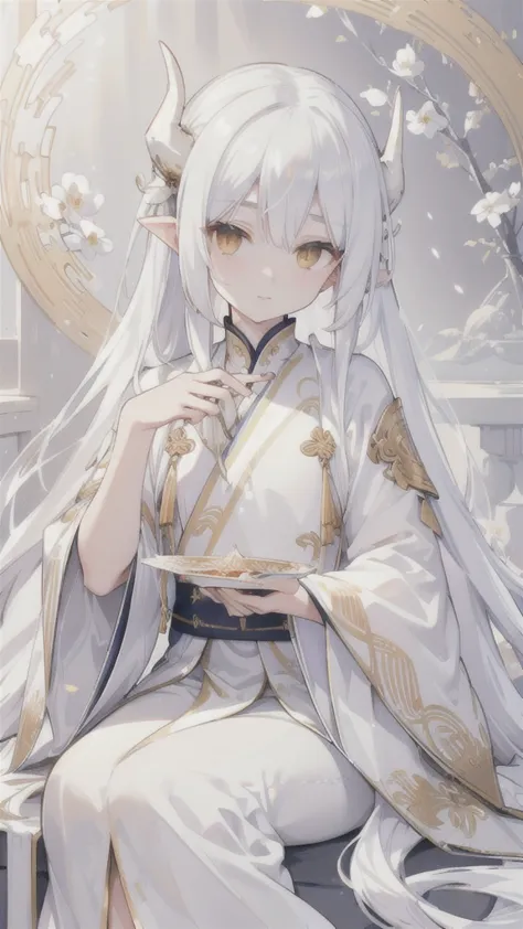 (best quality, highres, ultra-detailed:1.2), beautiful long white hair, stunning golden eyes, silver hanfu armor, intricately de...