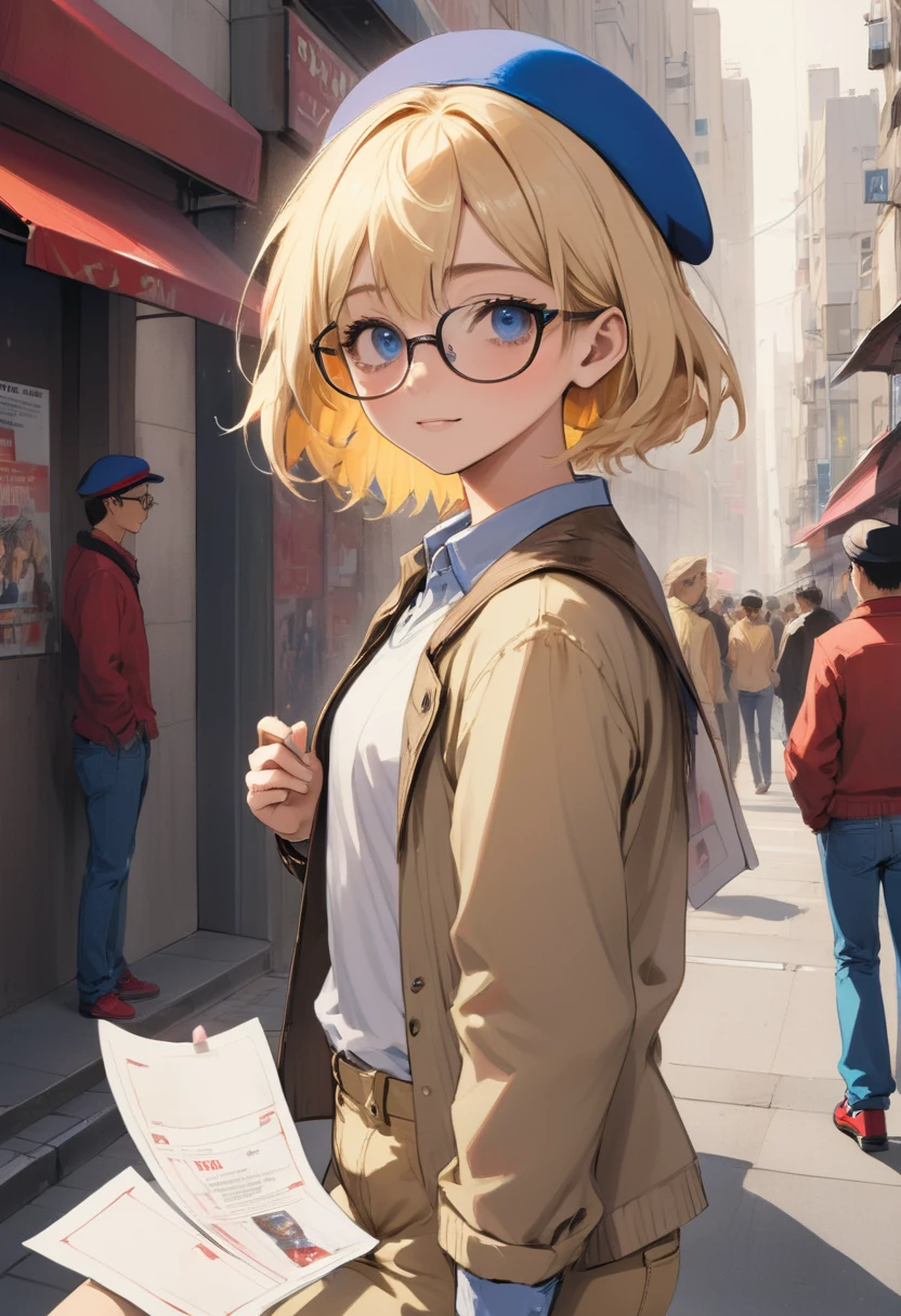 cara angelical, infantil, flaco, Marica, joven, peinado rubio corte bob, blue eyes, culo alegre, boina azul, vasos grandes, camisa beige, vaqueros rojos, Zapatos negros, sonriente, repartiendo volantes en la calle, Ecchi anime, estilo Keiji Gotoh, Obra maestra, cinematográfico, dramático, vista dinámica, cuerpo completo,