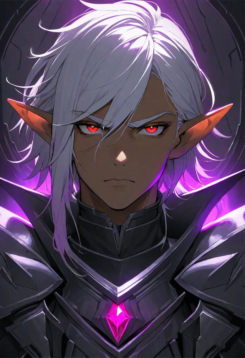  masterpiece, best quality, ultra high res, dark theme, 1boy, (dungeonpunk armor), (wearing armor), fantasy illustration, dark skinned, human, upper body, portrait, red eyes, long white hair, half-drow, pointy ears, serious face, young man, dramatic lighting, purple hue, art by Kinema Citrus
