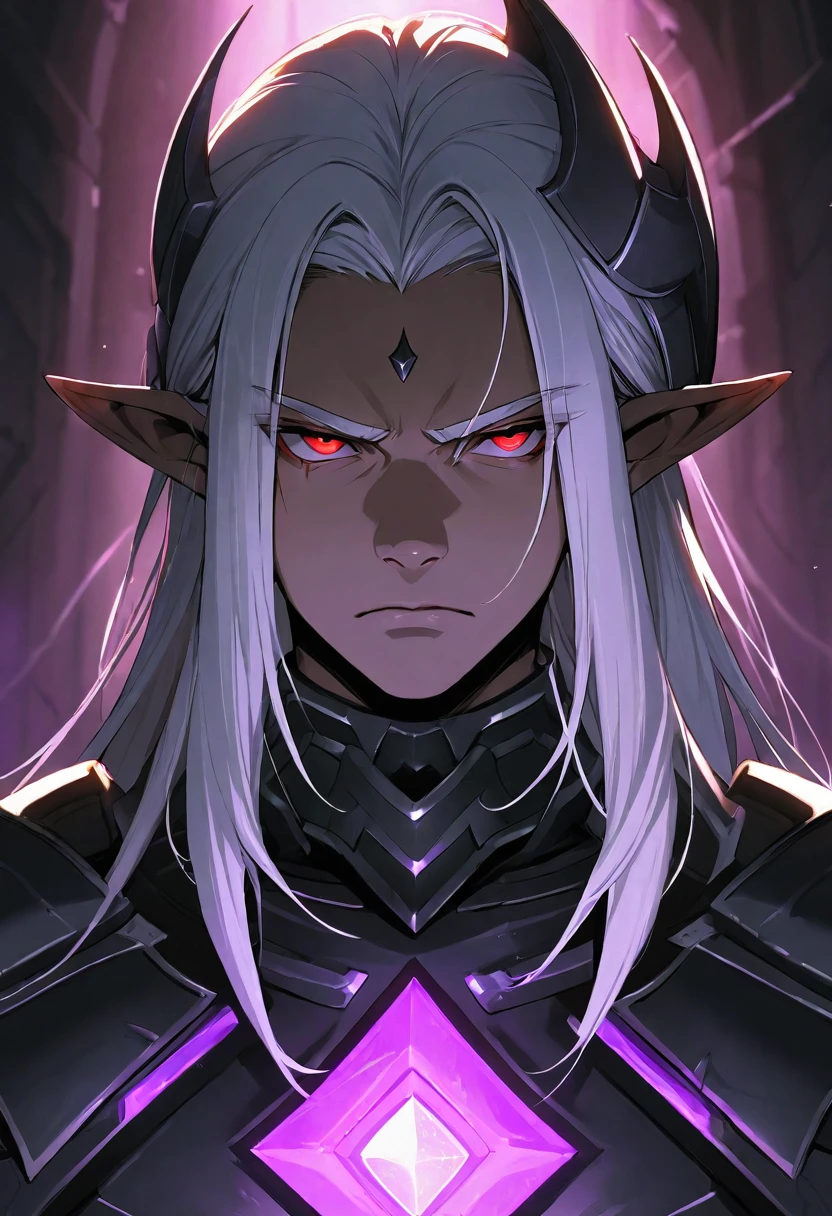  masterpiece, best quality, ultra high res, dark theme, 1boy, (dungeonpunk armor), (wearing armor), fantasy illustration, dark skinned, human, upper body, portrait, red eyes, long white hair, half-drow, pointy ears, serious face, young man, dramatic lighting, purple hue, art by Kinema Citrus
