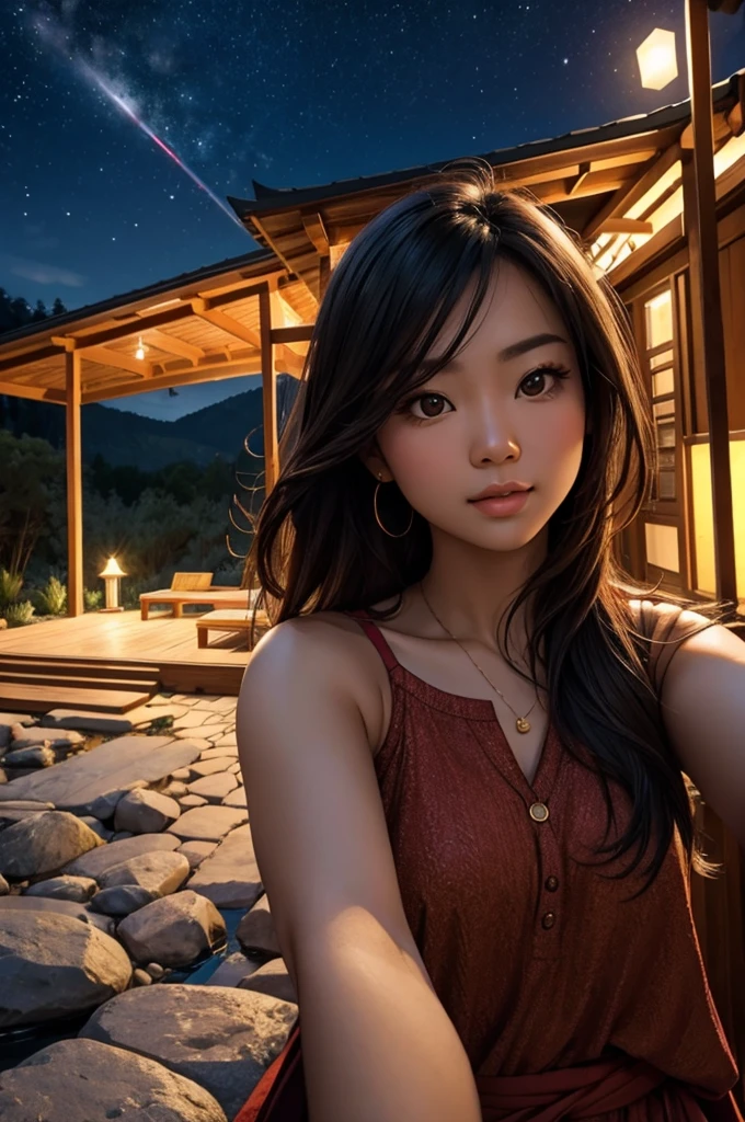 A beautiful young Asian woman and a hummingbird kiss her cheek. ((upper body selfie, be happy)), Masterpiece, best quality, very detailed, floor, outdoor, (nighttime), mountain, nature, (star, moon) cheerful, be happy, forest, rock, river, wood, smoke, shadow, contrast, clear sky, style, (Warm colors, Warm colors): 1.2), close up, Cinema-grade lighting, Side lighting, Ultra high resolution,  shadowที่ดีที่สุด, raw, upper body, realistic style  