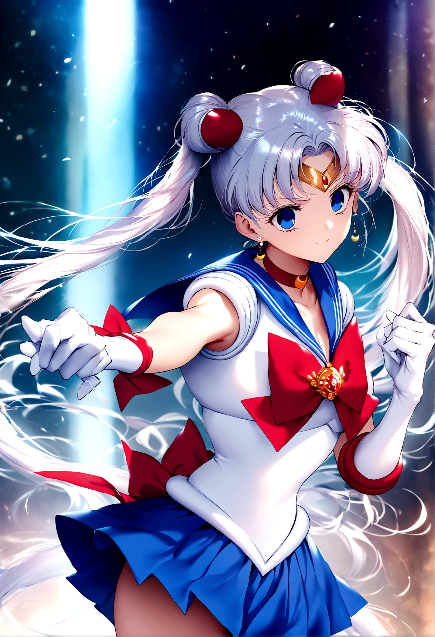 (masterpiece, Highest quality, so beautiful, Super detailed), Intricate details, 4K, Honestly, Long Hair, Double Bang, Twin tails, Parted bangs, tiara, Earrings, blue eyes, Red choker, Blue sailor collar, Red Bow, White shirt, Elbow hand pockets, White gloves, Blue Skirt, Are standing, Cowboy Shot, ,fight pose,evil smile, 1girl,(Silver Hair:1.4),(empty eyes,:1.2)