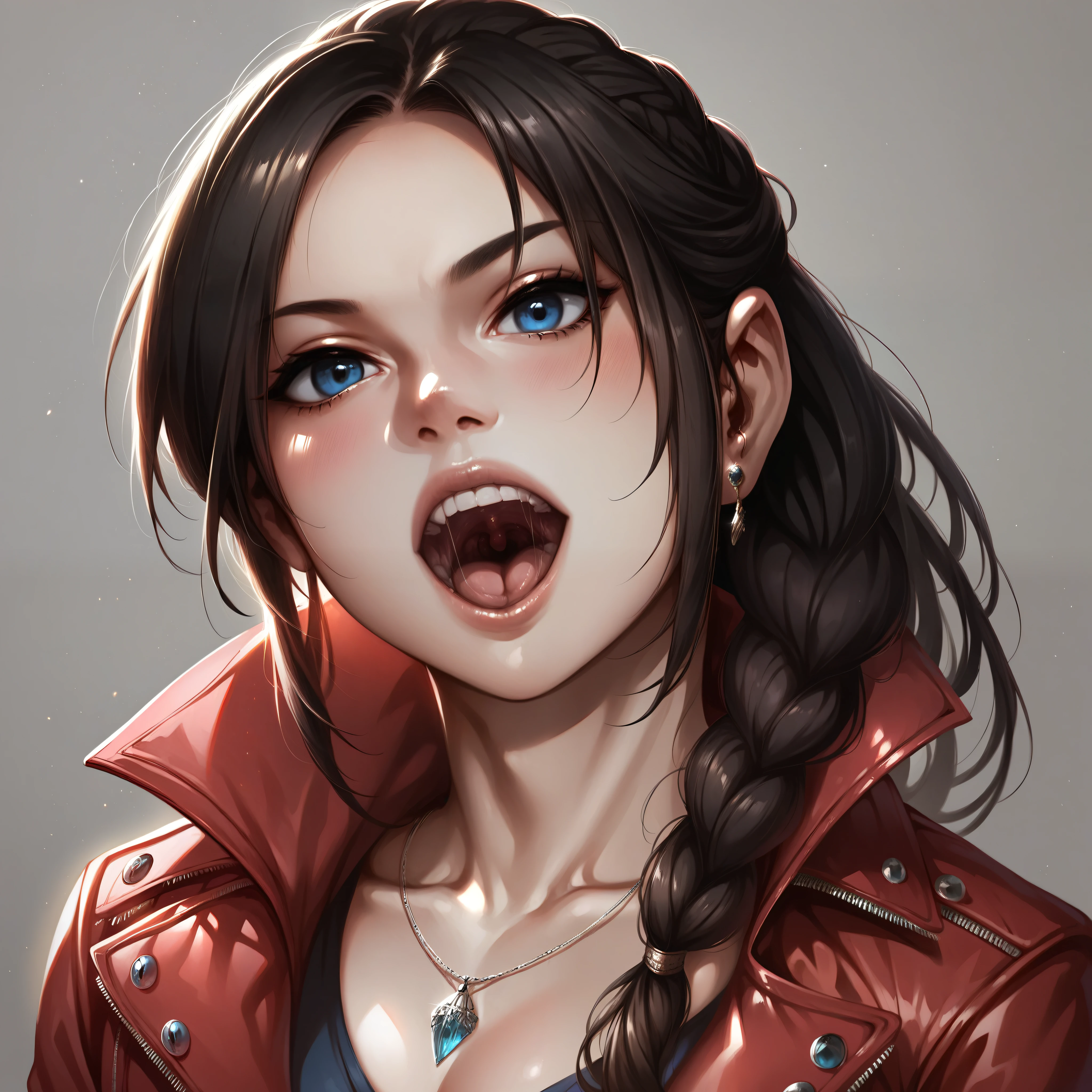 score_9, score_8_up, score_7_up, Claire redfield,  jewelry, black hair, blue eyes, red jacket, jacket, necklace, long hair, braid, realistic, upper body, looking at viewer, detailed mouth, mesmerizing mouth, high definition mouth, focus on mouth, best quality, detailed, absurd resolution, absurd detail, intricate details, vibrant colors, ultra-realistic, open mouth,