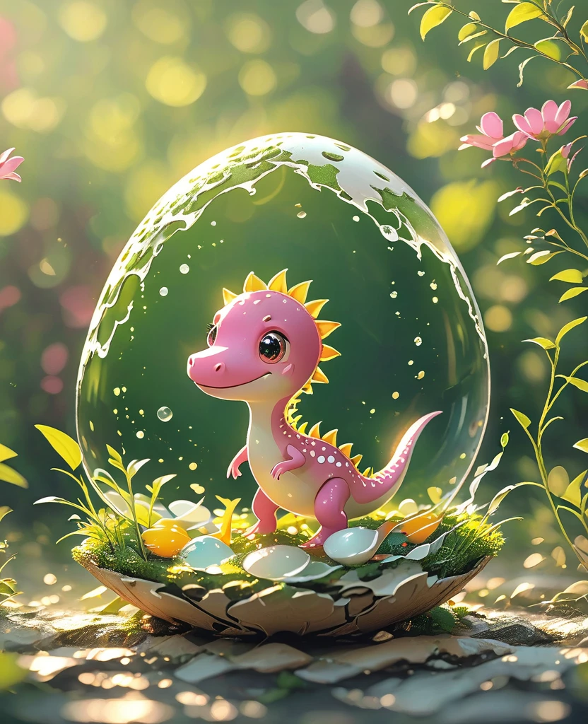 Interesting illustrations：Pink little dinosaur in a broken eggshell，Lovely （（best quality））， （（Intricate details））， （（Surrealism））