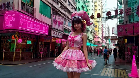 (pink dinosaur), hong kong, day, (awkward,blush :1.3),alafi girl take photos in colorful clothes, y 2 k cutecore crowncore, love...