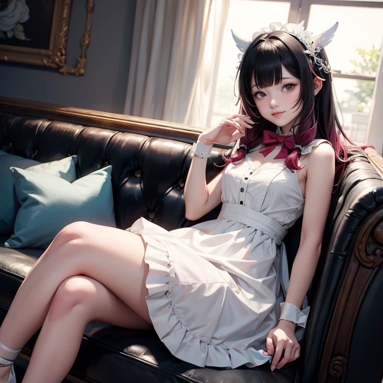 Columbina_(genshin impact), white roses, ornament hair, roses on her hair, maid, maid dress, maid headdress, maid apron, black hair, pink hair, long hair, seat on a sofa, minimalist home style, Chinese maid dress, white dress, more details on her clothes, pink details, night, smiling, coat,