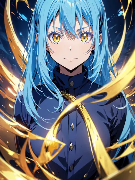 a detailed anime style illustration of Rimuru Tempest with long blue hair, golden eyes, well-defined facial features, in demon l...