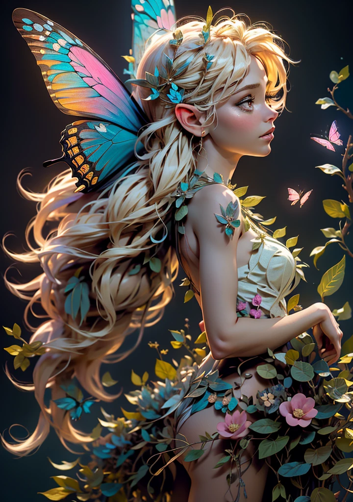 A beautiful fairy with bright blonde hair, tinkerbell, posing on a leaf, revealing her from behind, delicate and detailed face, intricate butterfly wings, ethereal nature fantasy, luminous soft lighting, pastel color palette, whimsical storybook style, High quality 8K, work of art, photorrealistic