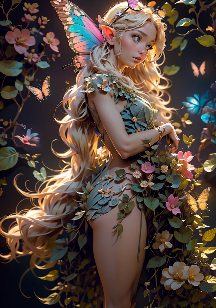 A beautiful fairy with bright blonde hair, tinkerbell, posing on a leaf, revealing her from behind, delicate and detailed face, intricate butterfly wings, ethereal nature fantasy, luminous soft lighting, pastel color palette, whimsical storybook style, High quality 8K, work of art, photorrealistic