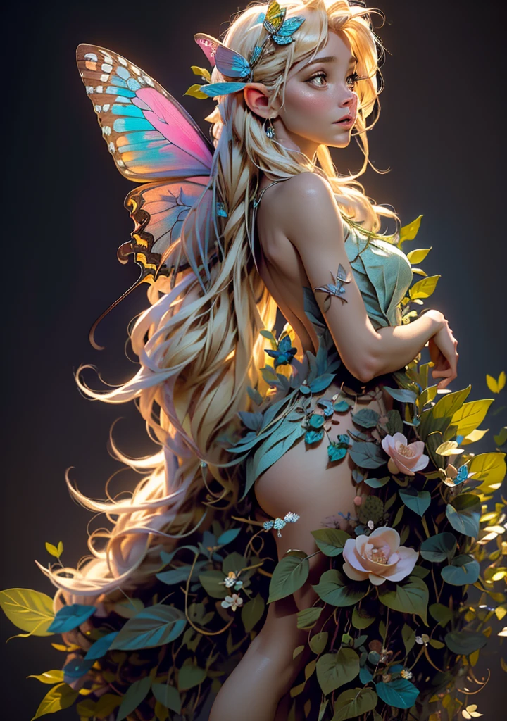 A beautiful fairy with bright blonde hair, tinkerbell, posing on a leaf, revealing her from behind, delicate and detailed face, intricate butterfly wings, ethereal nature fantasy, luminous soft lighting, pastel color palette, whimsical storybook style, High quality 8K, work of art, photorrealistic, looking at front