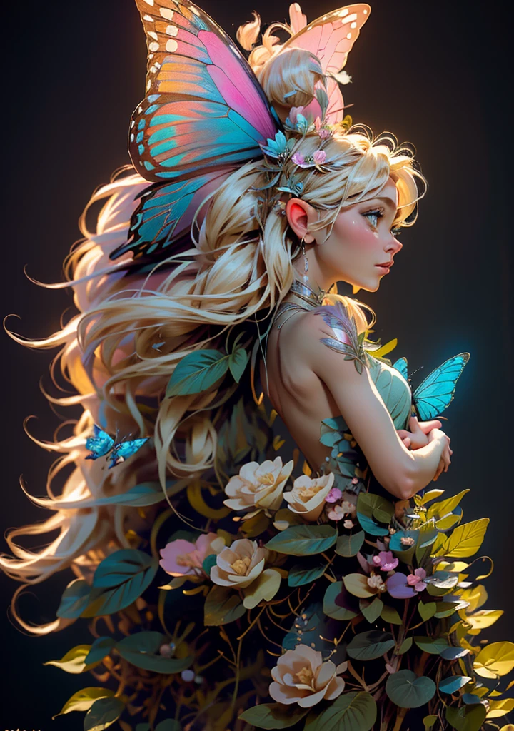 A beautiful fairy with bright blonde hair, tinkerbell, posing on a leaf, revealing her from behind, delicate and detailed face, intricate butterfly wings, ethereal nature fantasy, luminous soft lighting, pastel color palette, whimsical storybook style, High quality 8K, work of art, photorrealistic, looking at front