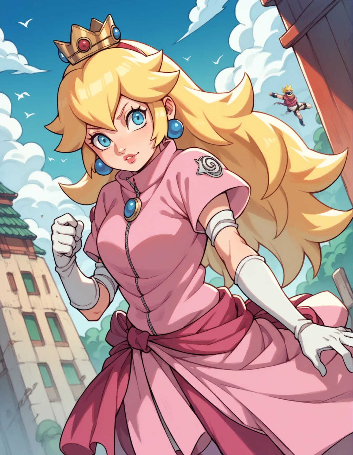 Imagine Princess Peach dressed as a ninja if she were a ninja from the anime Naruto