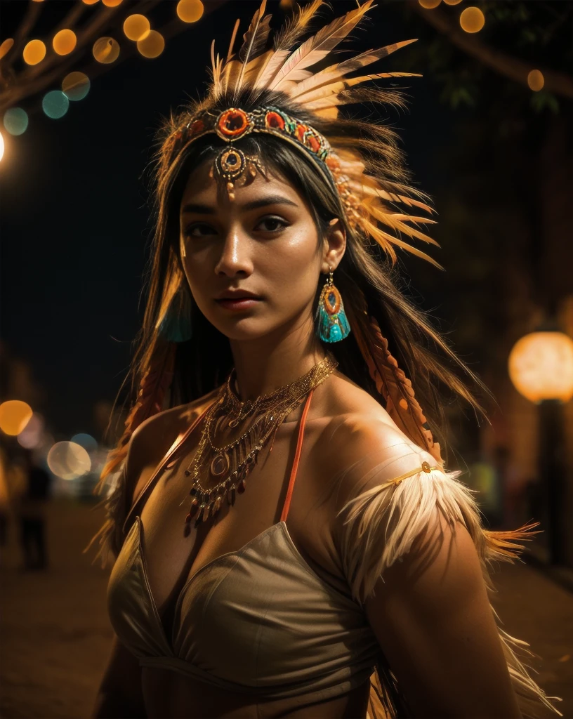 Hermosa mujer india Cherokee con hermosos tocados de color terracota, negro, doradas, cobre, perla, blanco y beige, plumas hechas de neón brillante de varios colores, flares on camera, bokeh, noche de luna llena
