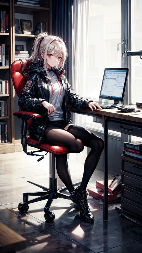 8K quality、High resolution、High resolutionの肌、Thin legs、Full Body Shot、Moist lips、Sitting at a desk looking at documents