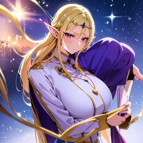 anime woman, elf, pointy ears, long blonde hair, purple eyes, sassy expression, gold crown with blue pendant, winter outfit, blu...