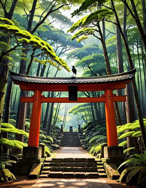A deserted shrine nestled in a dense forest。A crow is standing on top of the torii gate。