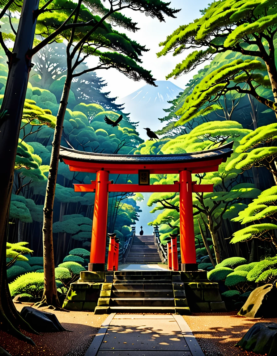 A deserted shrine nestled in a dense forest。A crow is standing on top of the torii gate。