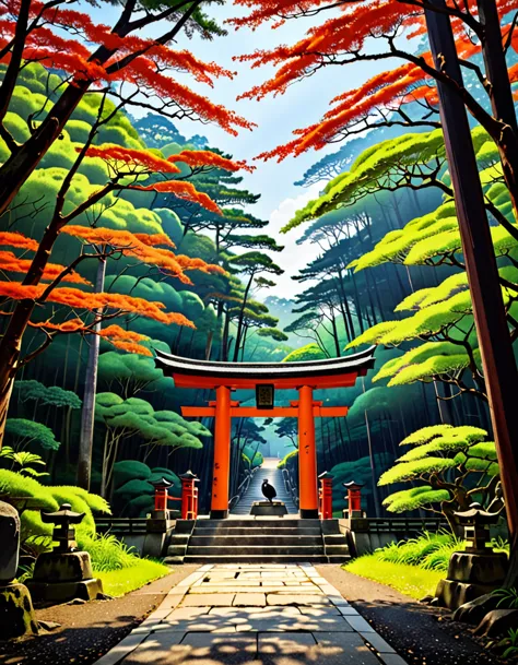 A deserted shrine nestled in a dense forest。A crow is standing on top of the torii gate。