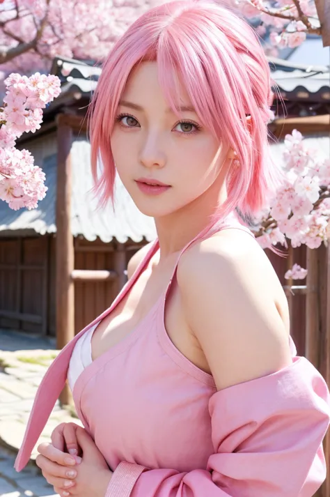 Sakura Haruno in a realistic style, standing in a traditional Japanese village with cherry blossoms in full bloom, (detailed pin...