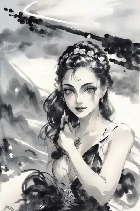 black and white tones:1.3, masterpiece, best quality, tradition chinese ink watercolor paintings:1.2, use thick and light inks t...