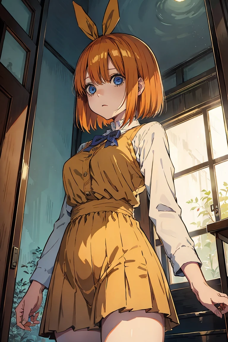 Yotsuba nakano, comind down the stairs, looking down,, yotsuba going downstairs, surrounded by creepy stuff,  (1 girl, solo, alone), , sfw, nakano_yotsuba, blue eyes, indigo eyes, aayotsuba, short orange hair, yotsuba from The Quintessential Quintuplets, masterpiece, 4k, ultradetailed, cowboy shot, short orange hair, green ribbon, hair ribbon, blue eyes, innocent, pure, tender, by junji ito, creepy, dark