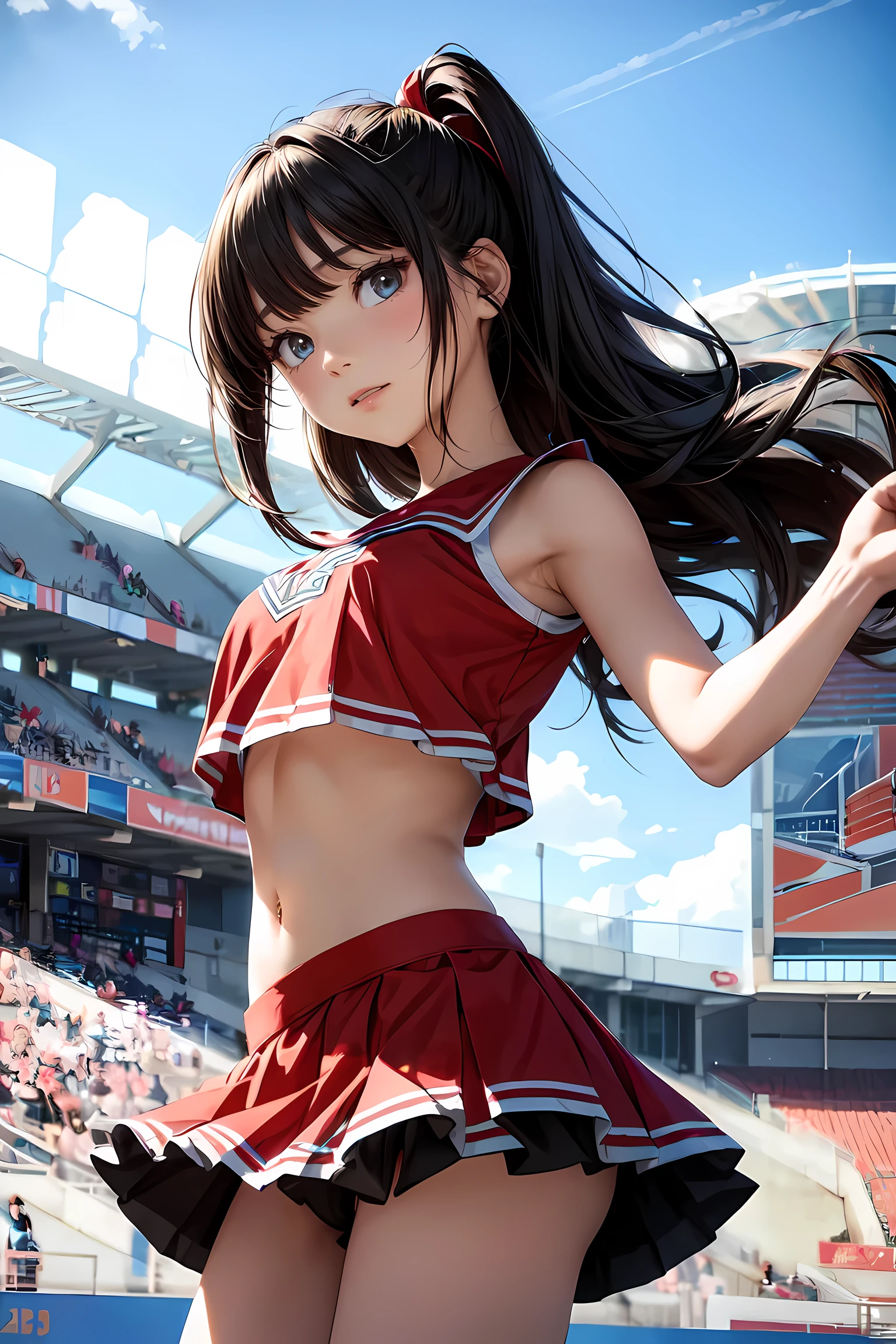 (ultra detailed eyes), (ultra detailed face),high quality, best image quality, masterpiece, teenage girl, 18 years old, very cute and beautiful cheerleader girl is dancing, dynamic pose, soft wavy hair, black hair, (smile:1.2), medium breast, (red tops with logo:1.3), (miniskirt:1.3), (panties), Armpits, Navel, thighs, Bare shoulders, Bare arms, Natural lighting, Hair fluttering in the wind, Beautiful detailed sky, stadium, ((Finest quality)), ultra high resolution, ultra-detailliert, Meticulous portrayal, ((Best Anime)),