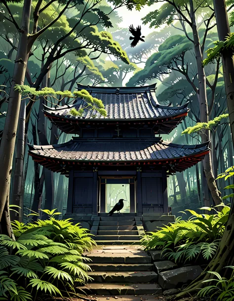 A deserted shrine nestled in a dense forest。There is a crow。