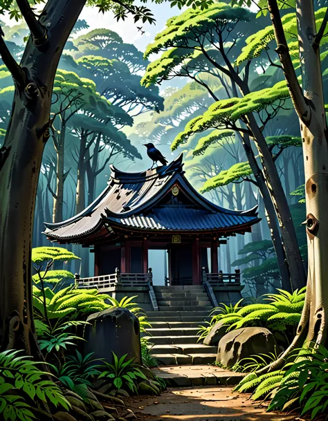 A deserted shrine nestled in a dense forest。There is a crow。