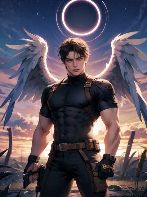 masterpiece, best quality, high quality, CG, 8K, 1 mature male, masterpiece, Angel Halo，Angel Wings，gun，stand，