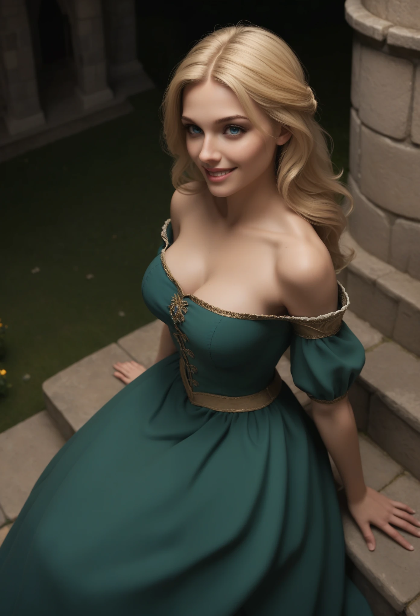 score_9, score_8_above, score_7_above, 1girl, large_breasts, royal_garden, medieval_castle, elegant_green_dress, off_shoulder_dress, evil_smile, cute_woman, blonde, long_hair, side view, from_above, night, moonlight, cinematic film still, RAW photo, perfect lighting, volumetric lighting, Galadriel, stuning, goddess, blue_eyes