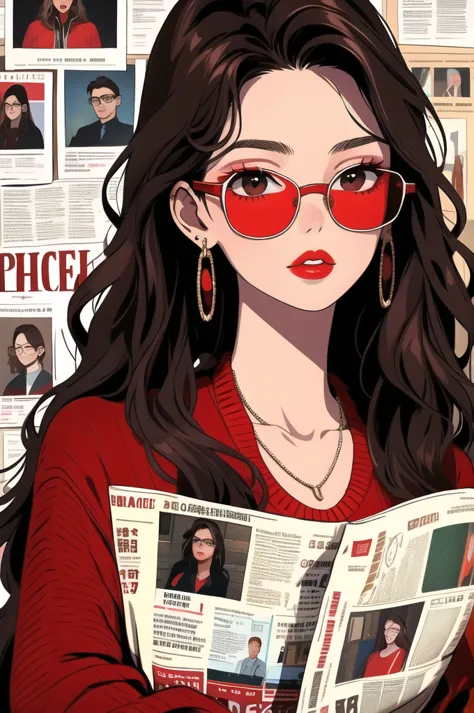 newspaper wall, glasses, parted lips, looking over eyewear,  black jacket, jewelry, long hair, jacket, red shirt, solo, upper bo...