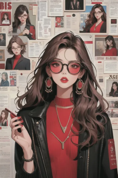 newspaper wall, glasses, parted lips, looking over eyewear,  black jacket, jewelry, long hair, jacket, red shirt, solo, upper bo...