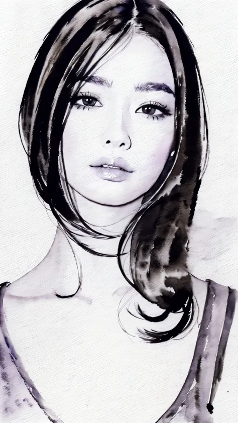 (masterpiece:1.2),(Highest quality),(Very detailed:,(High resolution),((Watercolor)),((Monochrome)),8K,Woman Drawing,Beautiful J...