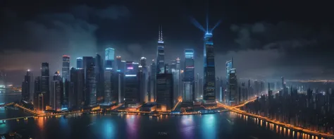 a beautiful night city landscape, panoramic view of a dark city skyline with skyscrapers, stars in the night sky, cinematic ligh...