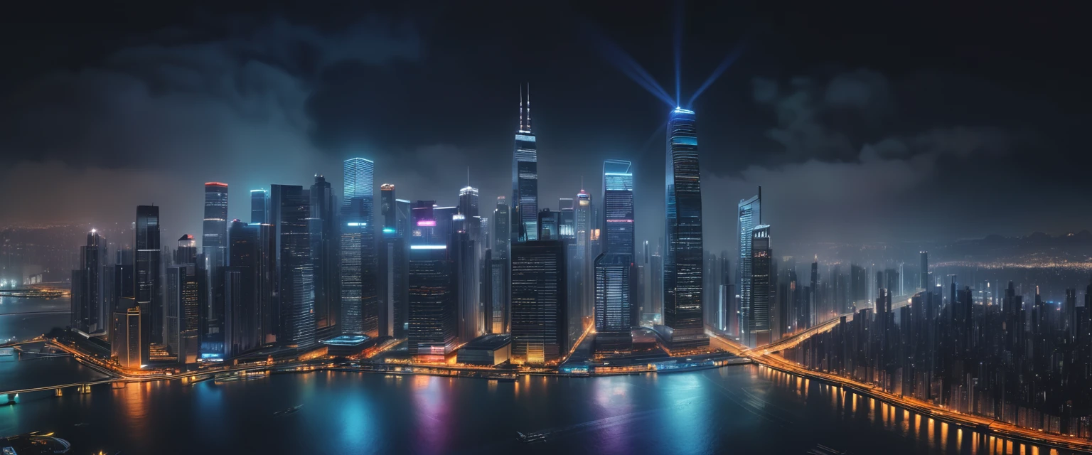 美丽的夜间城市景观, panoramic view of a dark city skyline with 摩天大楼, 夜空中的星星, 电影灯光, 戏剧氛围, 实际的, photo实际的, 杰作, 8千, 极其详细, 鲜艳的色彩, 戏剧灯光, 喜怒无常, 城市的, 城市景观, 建筑学, 建筑, 摩天大楼, 霓虹灯, 反思, 长期接触