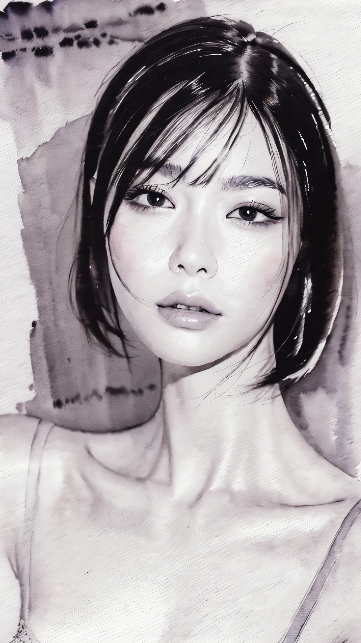 (masterpiece:1.2),(Highest quality),(Very detailed:,(High resolution),((Watercolor)),((Monochrome)),8K,Woman Drawing,Beautiful Japanese Woman,((Black Hair)),Short Bob,Close-up of face,(sleepy)