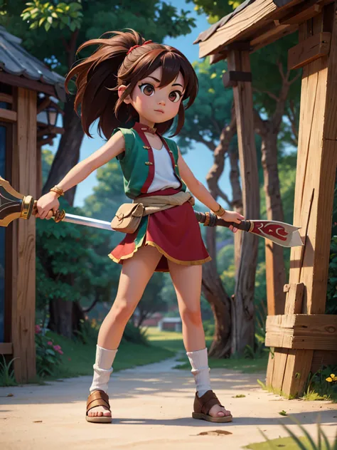 one,8k highly detailed, casual games, 3D art style, full body photo,kungfu,big eyes,brown hair,cute,red kungfu uniform,red decor...