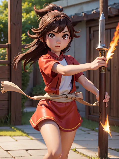 one,8k highly detailed, casual games, 3D art style, full body photo,kungfu,big eyes,brown hair,cute,red kungfu uniform,red decor...