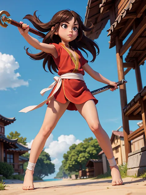 one,8k highly detailed, casual games, 3D art style, full body photo,kungfu,big eyes,brown hair,cute,red kungfu uniform,red decor...