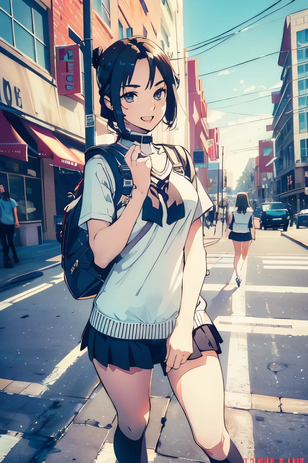 masterpiece, Highest quality, One High School Girl 10.0,Very detailed,Rin々Nice face,Open Mouth Smile,Black eyes,Legs visible through a short skirt,Natural Beauty,Cinematic,Medium chest,Walking in the downtown area,Carrying a backpack,Showing from the knees 10.0,Wearing high  10.0