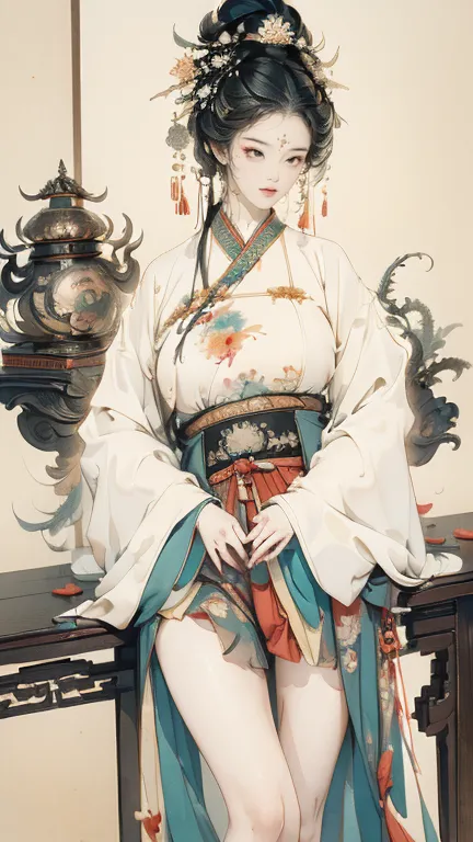 ((High Definition Chinese Traditional Ink Painting, Hanfu)), Eye size, Drooping eyes, Smile, ((Open your legs, Standing with my ...