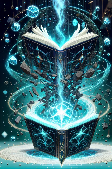 creationmagic , fragmented construct ,particles stream, ethereal creation , grimoire, A book of spells in mystical cover, studde...