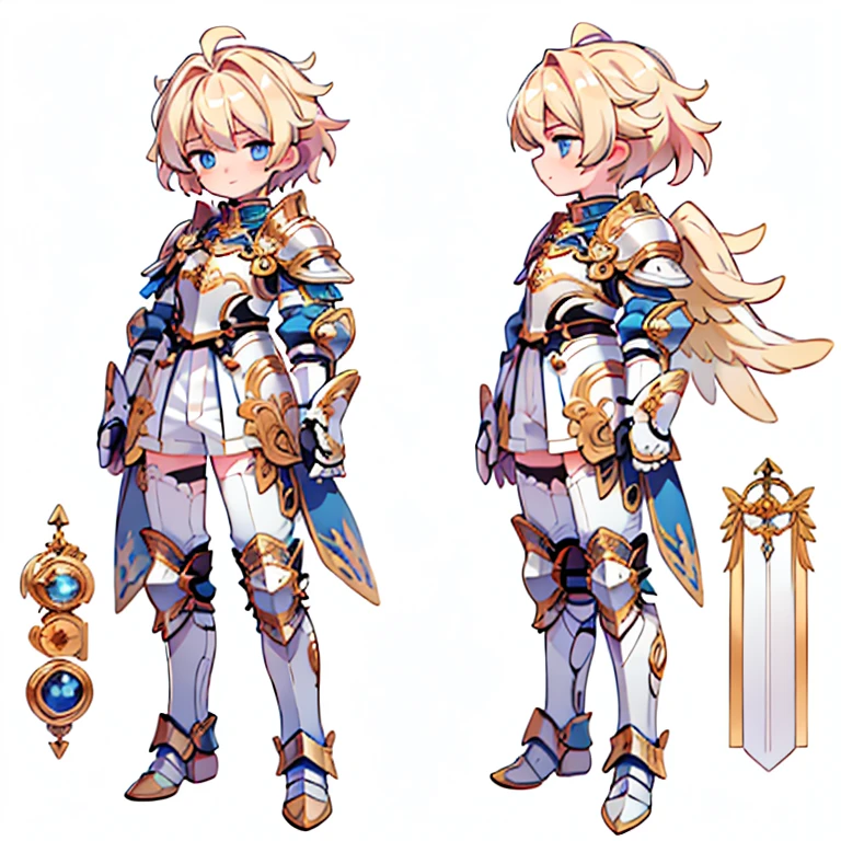 17-year-old boy, Angel, with golden wings, disheveled hair, blonde hair, blue eyes, wears armor with gems that adorn him, (((Best quality)), ((Masterpiece)), ((realistic)), (((detailed character sheet, front view, side view, three-quarter view))) (((White Background))) 6 heads and half full body.