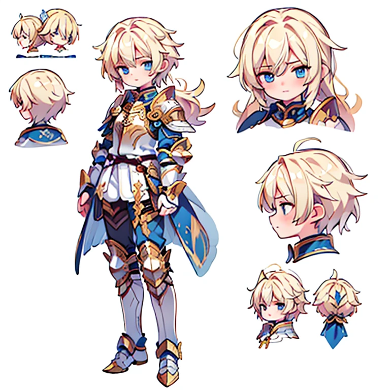 17-year-old boy, Angel, with golden wings, disheveled hair, blonde hair, blue eyes, wears armor with gems that adorn him, (((Best quality)), ((Masterpiece)), ((realistic)), (((detailed character sheet, front view, side view, three-quarter view))) (((White Background))) 6 heads and half full body.