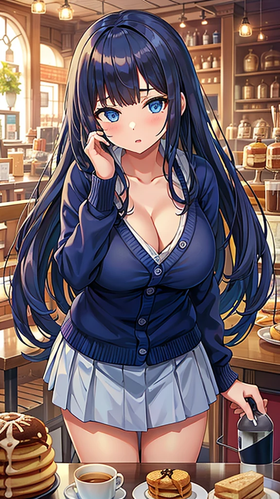 Masterpiece、Highest quality、Super detailed、1 girl、(Big Tits)、Fluffy and soft long hair、Blue Eyes、Cleavage、Navy Blue Hair、mini skirt、cardigan、Cafe、pancake