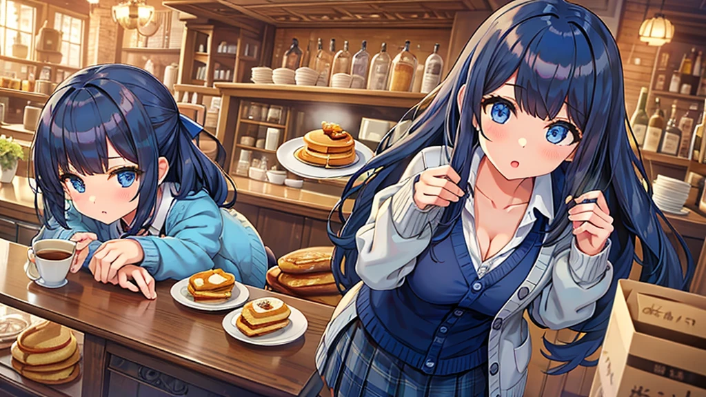 Masterpiece、Highest quality、Super detailed、1 girl、(Big Tits)、Fluffy and soft long hair、Blue Eyes、Cleavage、Navy Blue Hair、mini skirt、cardigan、Cafe、pancake