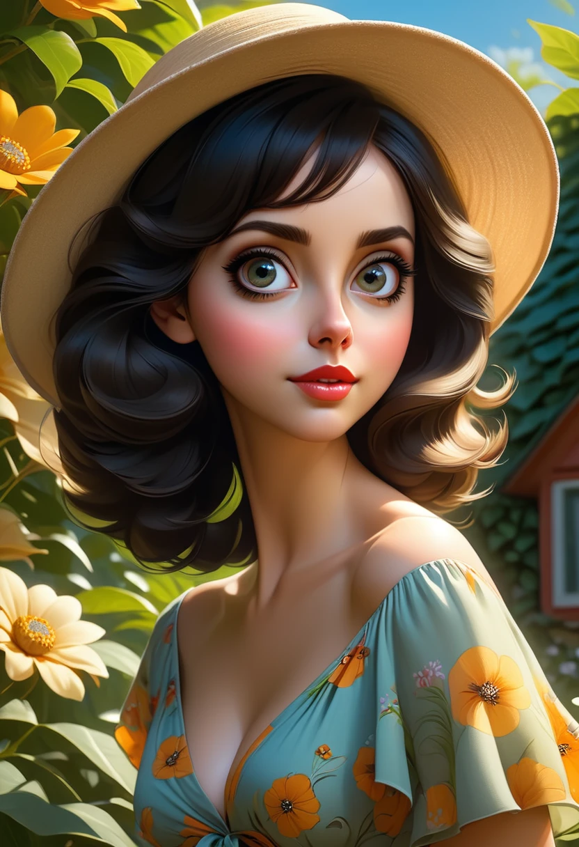 Adorable, Woman,big-eyed woman, round face. promenent lips. Smileing,In the garden,Her hands are behind her...., , large ass, wearing a cute sun dress. Picture from the side,looking at the scenes, intense colors, Very valuable details, complex details, volumetric lighting, digital art, 8k, trending on Artstation, Clear focus, complex details, highly detail, Greg Rutkowski Big Eyes, high-resolution, Black hair. Alison Brie
